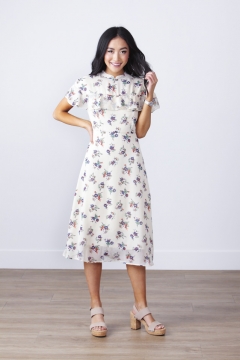 Mandarin Collar Yoke Ruffle Floral Dress